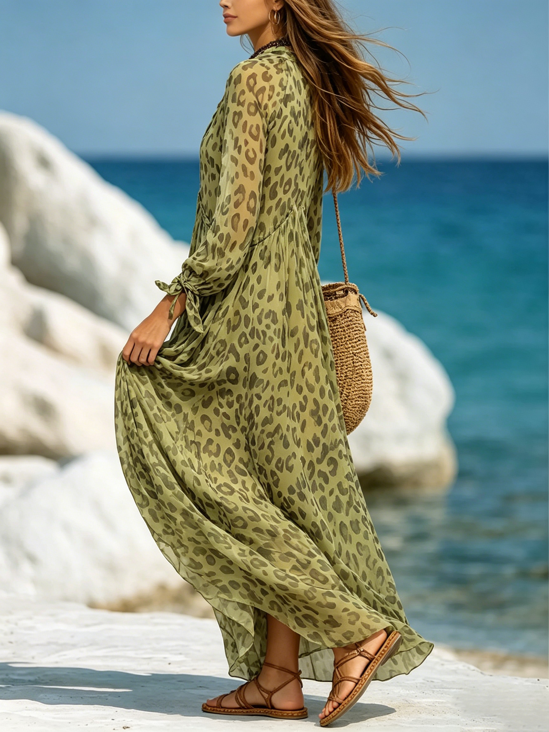 Women's Retro Leopard Pattern Art Print Casual Stylish Maxi Dress