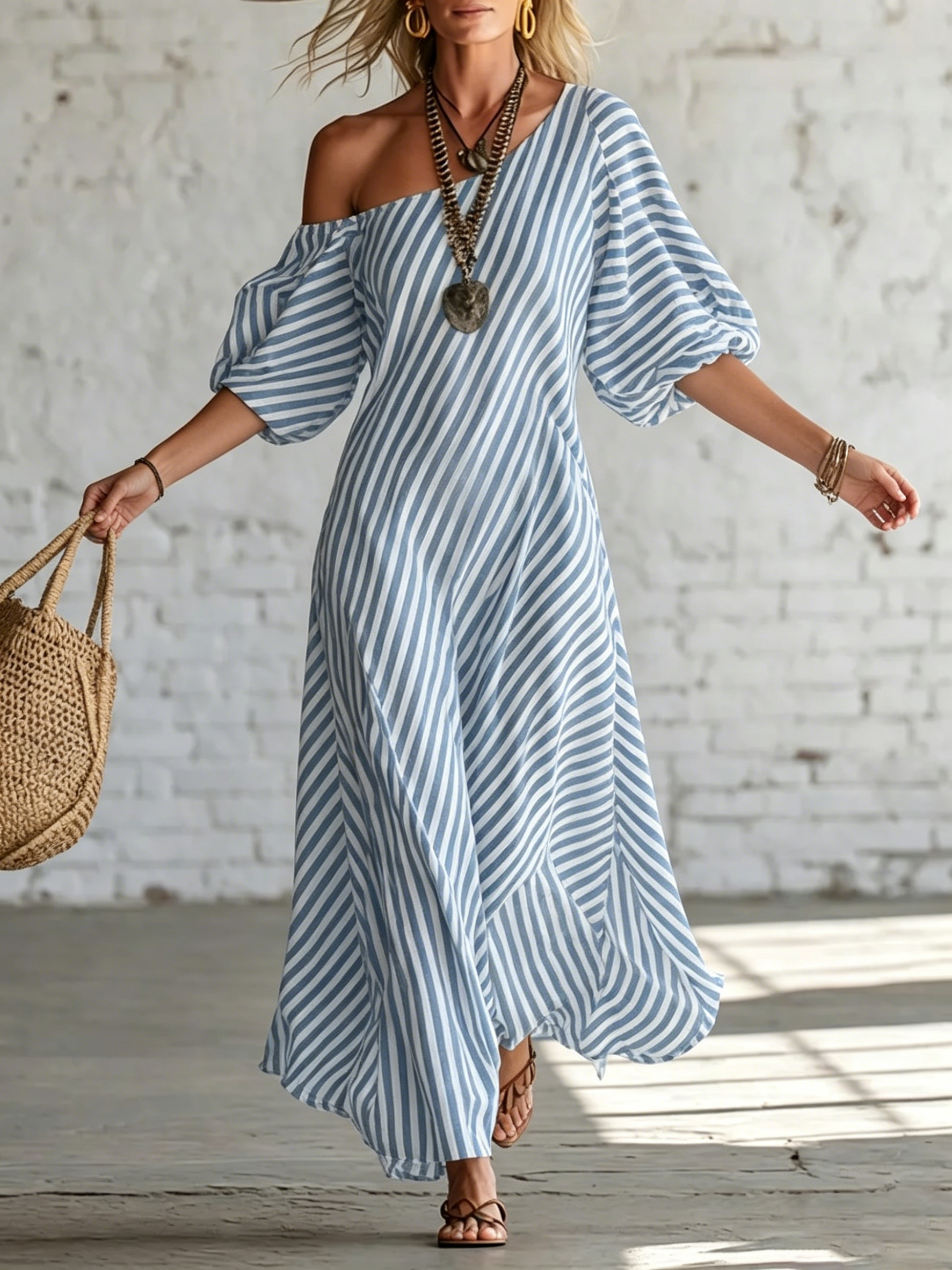 Elegant And Classic Striped Off-shoulder Maxi Dress
