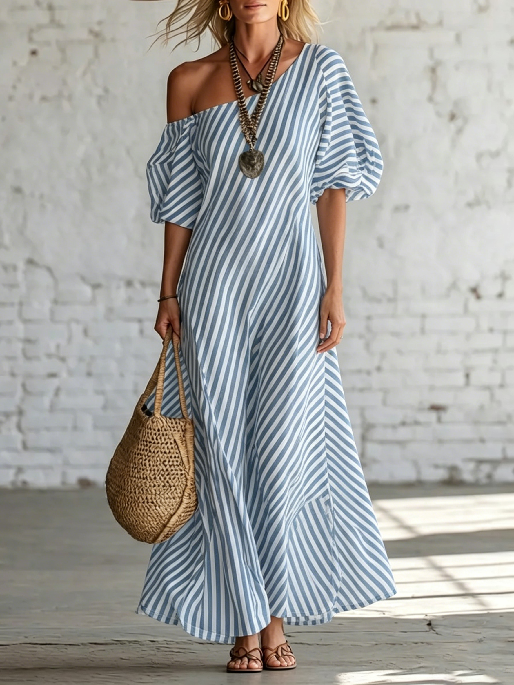 Elegant And Classic Striped Off-shoulder Maxi Dress