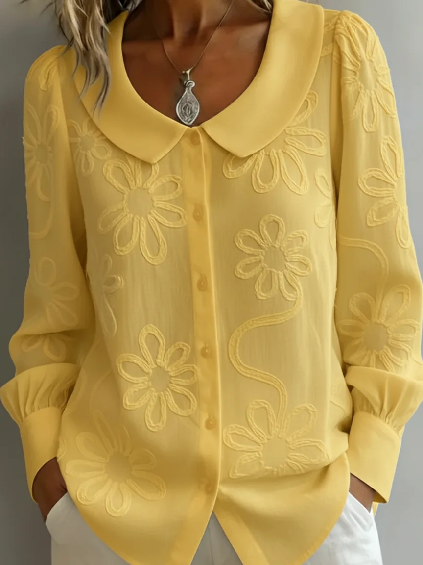 Vintage Peter Pan Collar Embroidered Floral Shirt