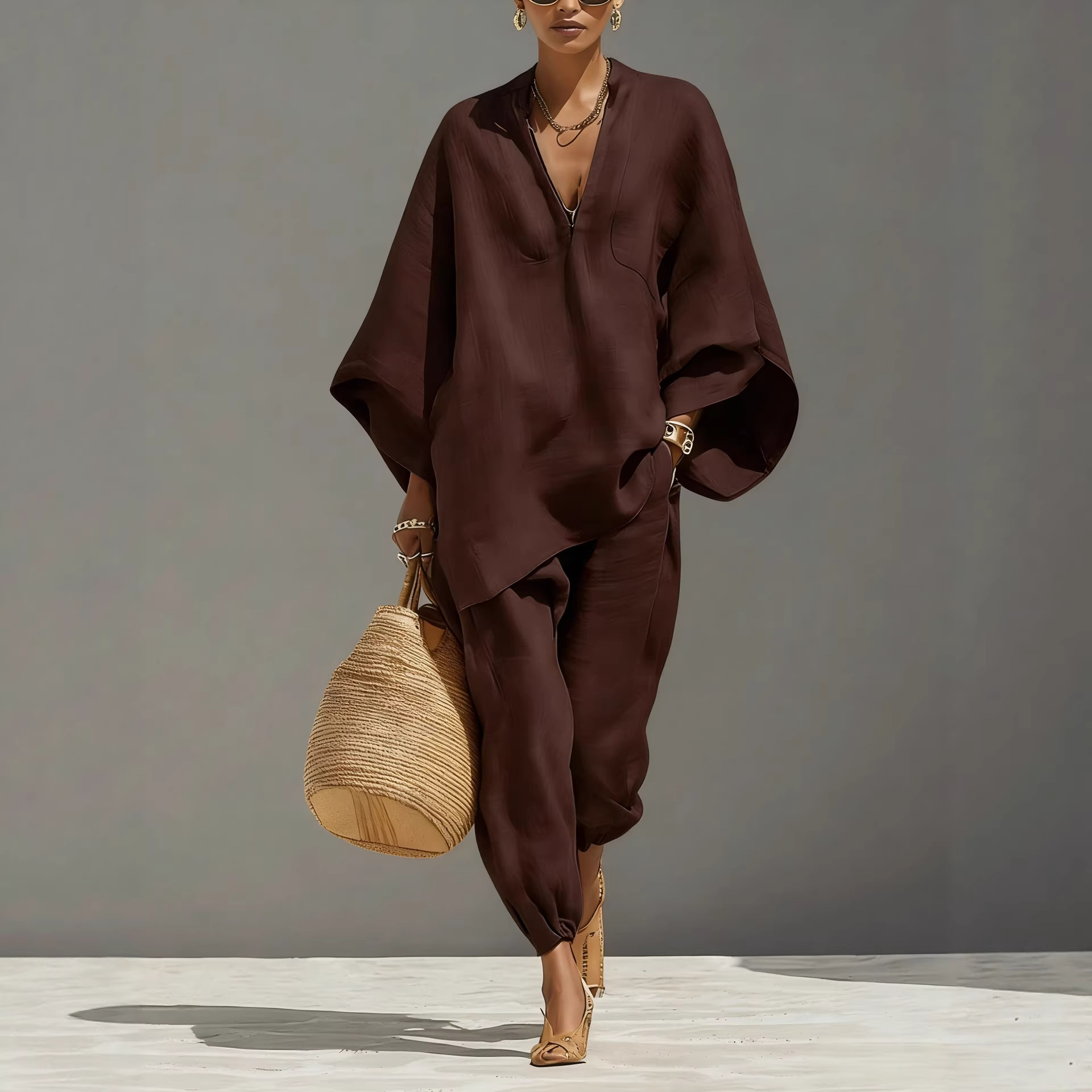Women's Solid Color V-neck Long Sleeve Casual Loose Cotton Linen Top With Elastic Waist And Wide-leg Pants Set
