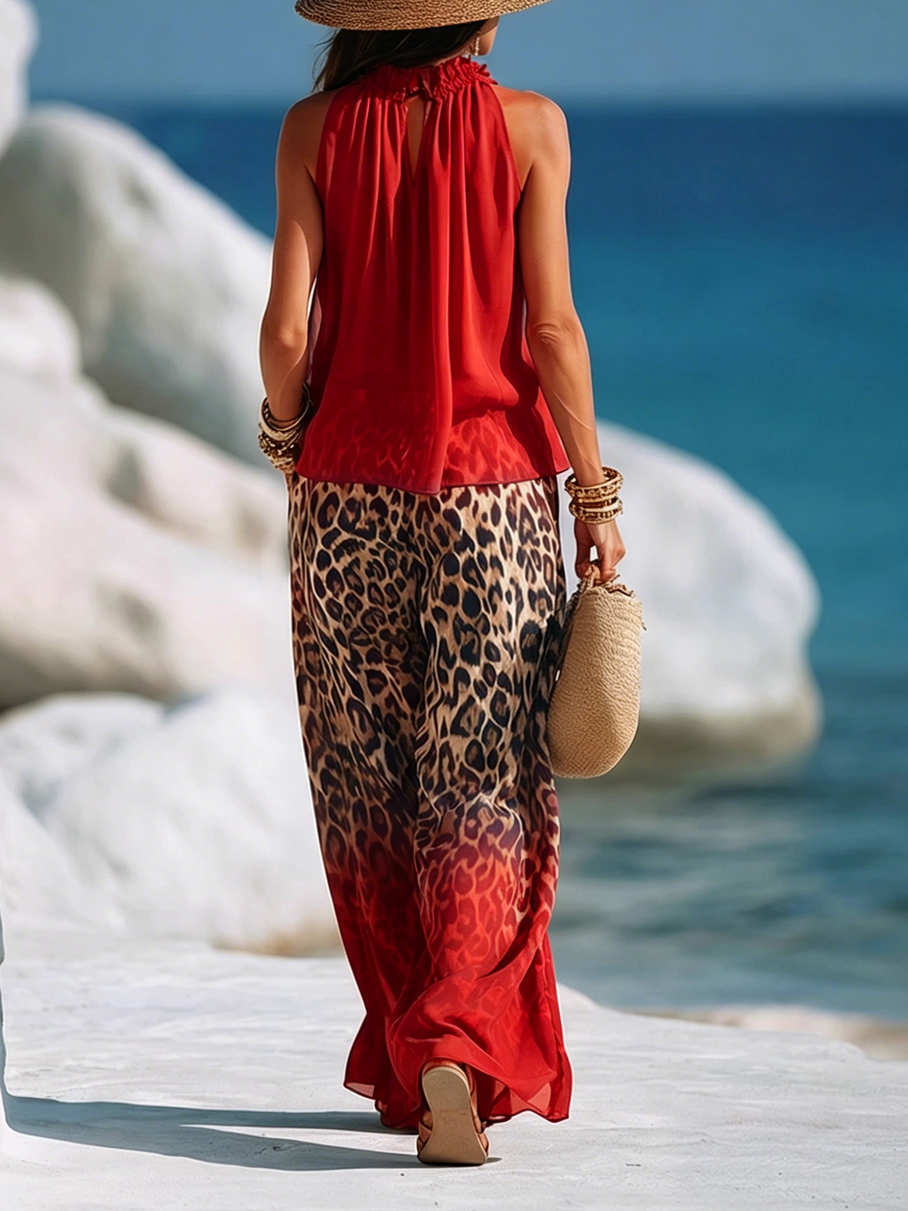 Trendy Vacation Chiffon Sleeveless Top With Leopard Print Gradient Wide-leg Pants Set