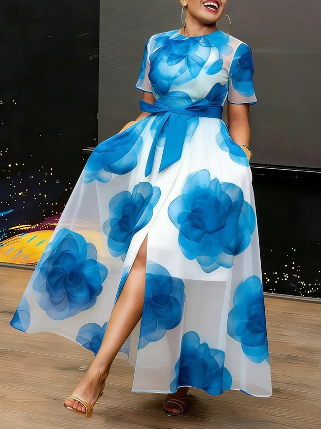 Elegant Floral Printing Crew Neck Maxi Dress With Belt