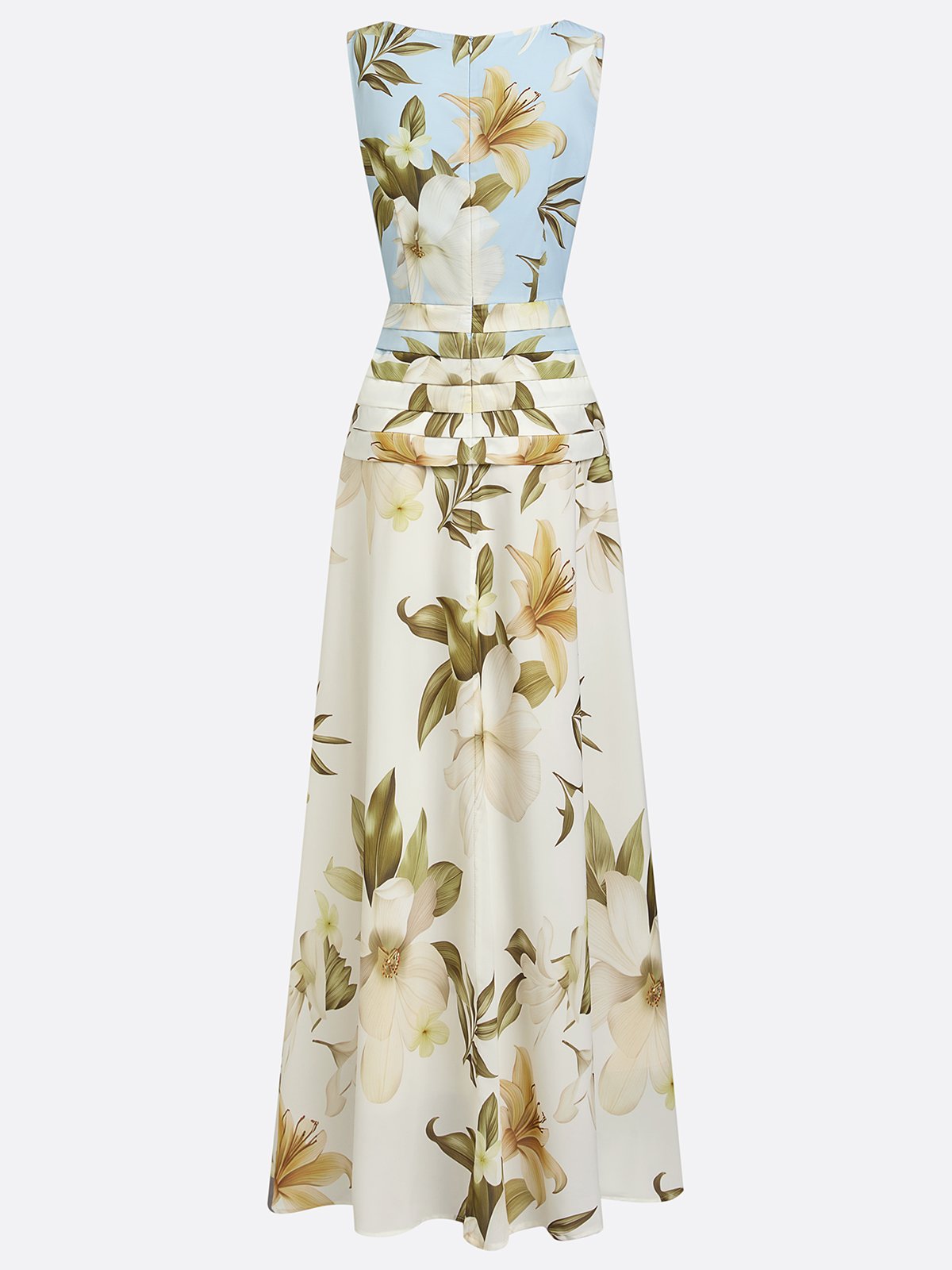 Light Blue Floral Ruched Classic Boat Neck Sleeveless A-Line Floor-length Gown Dress