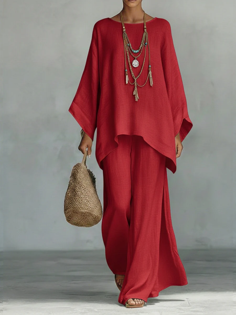 Women's Comfortable, Loose-fitting Linen And Cotton Top And Wide-leg Pants Two-piece Set.