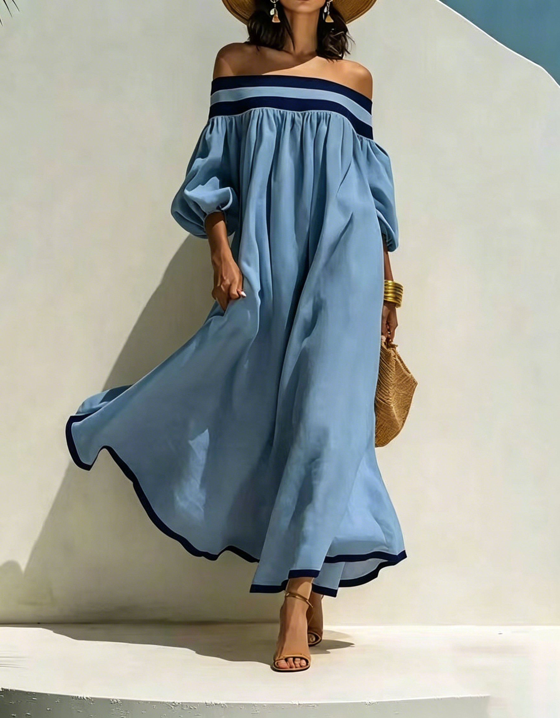 Loose-fitting Color-blocked Off-the-shoulder Beige Cotton-linen Maxi Dress