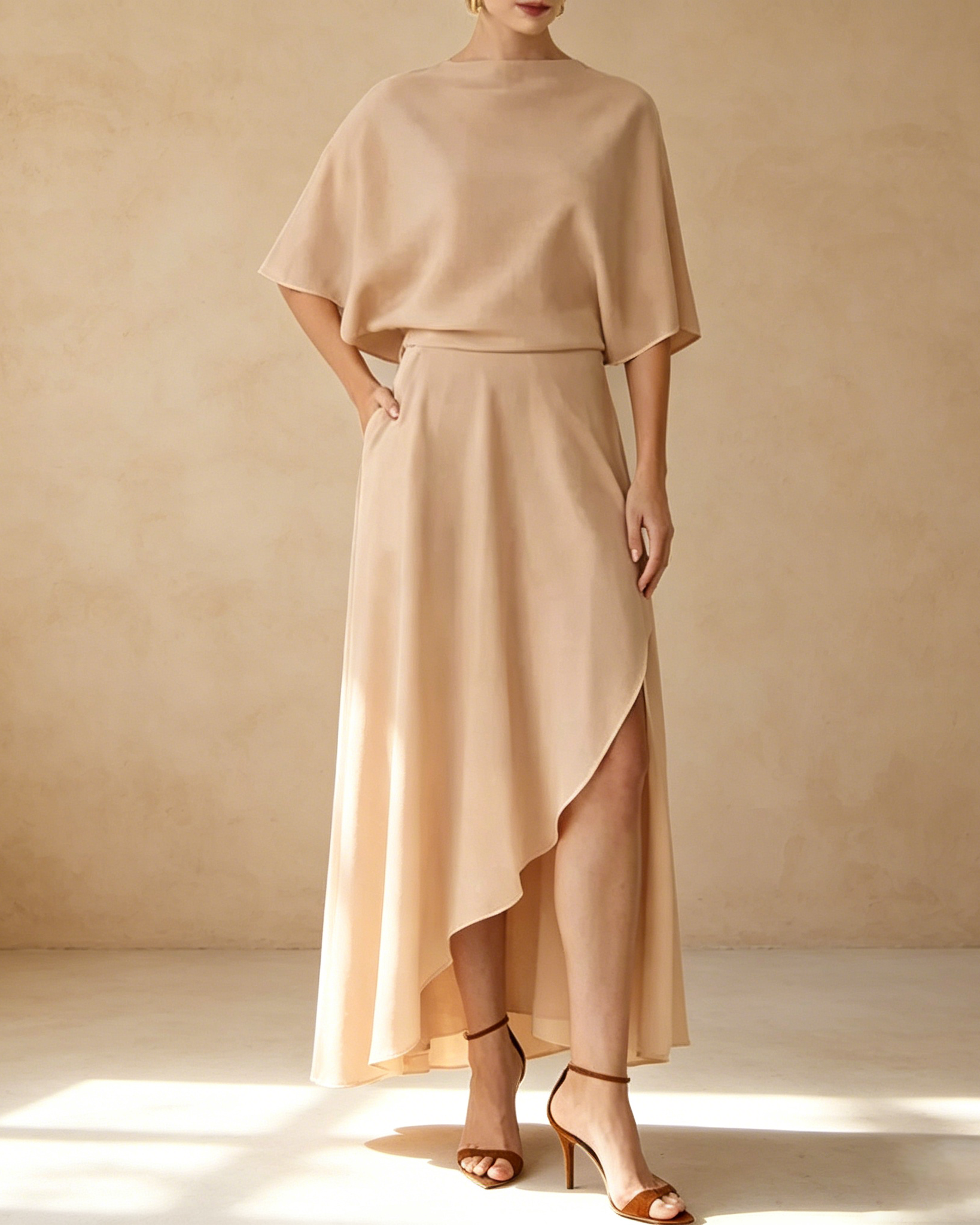 Modern and Elegant Satin Half Wide Sleeve Wrap Style Pocket Slit Loose Maxi Dress