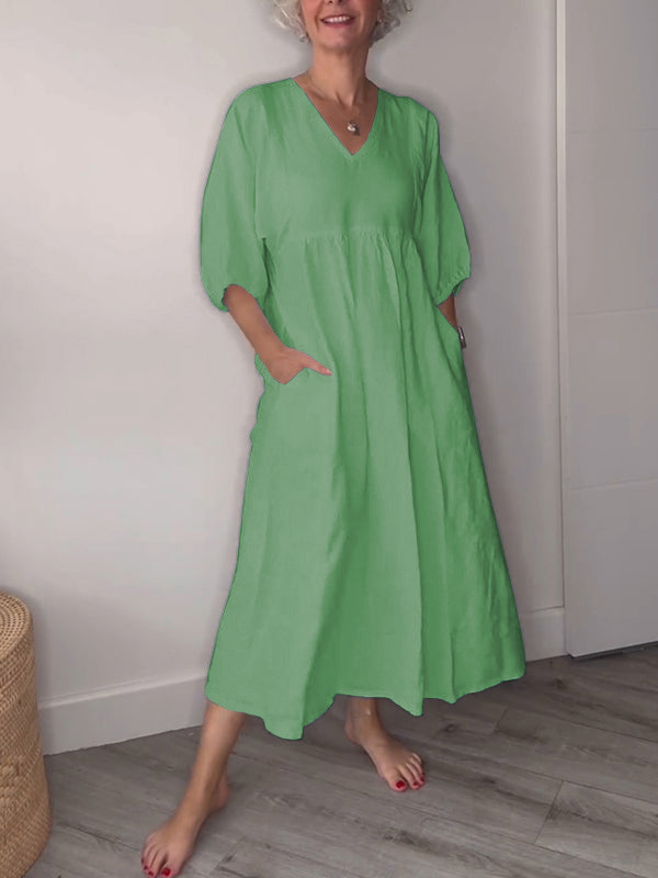 ??Clearance Sale?? Women's Casual Fashion V-Neck Solid Color Mid-Length Sleeve Dress