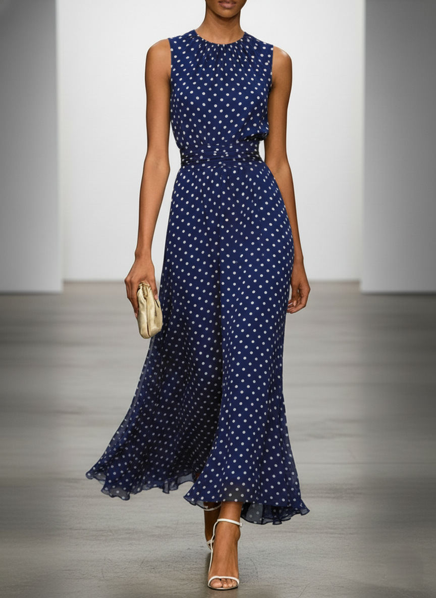 White Polka Dots Ruched Chiffon Crew Neck Sleeveless A-Line Maxi Dress