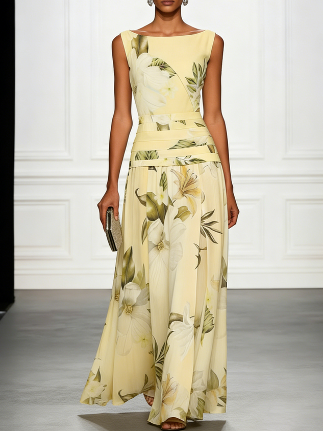 Light Blue Floral Ruched Classic Boat Neck Sleeveless A-Line Floor-length Gown Dress