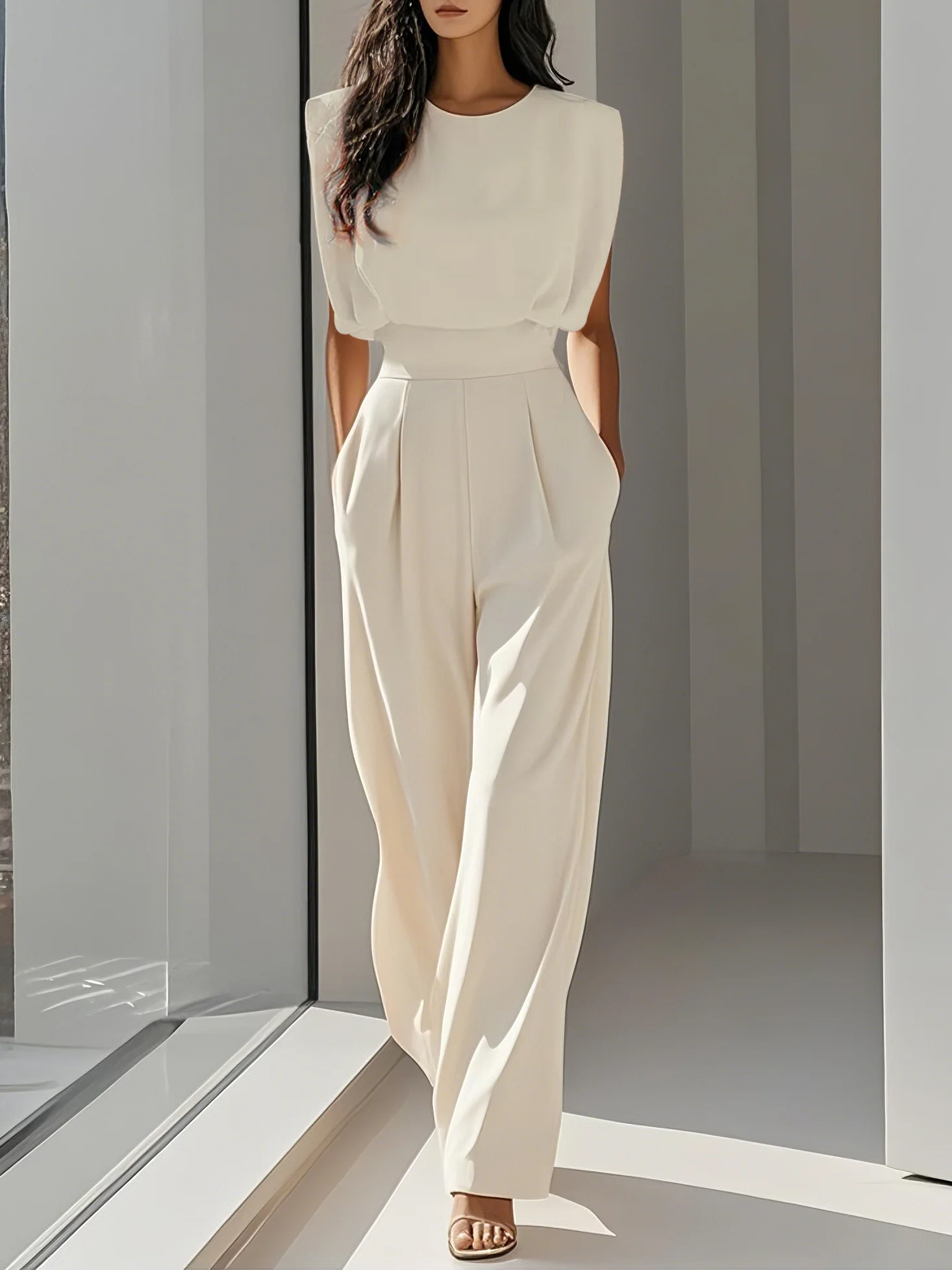 Women Off White Crew Neck Sleeveless Dressy Jumpsuit With Pockets