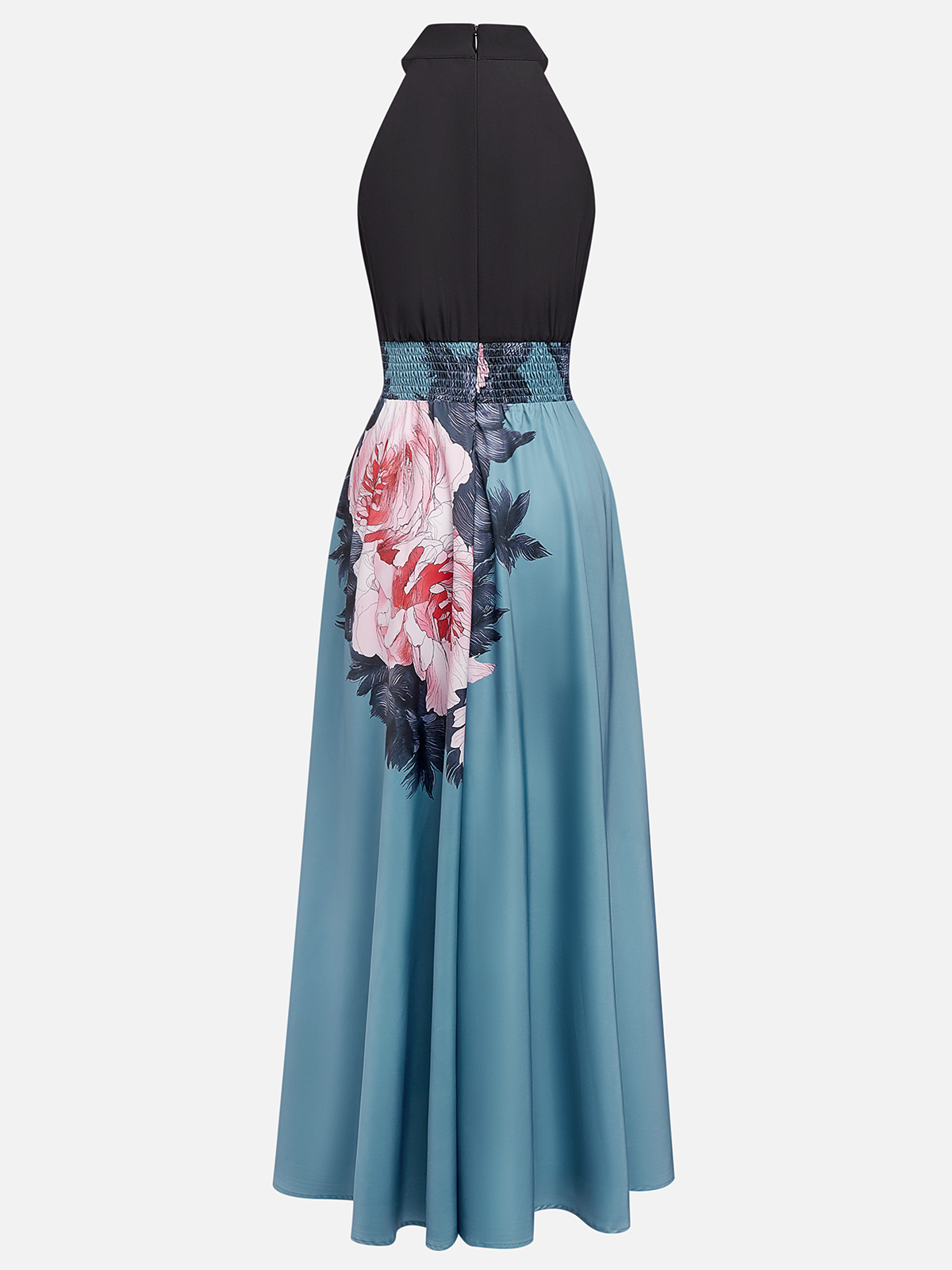 Black Floral Slit Satin Halter Neck Sleeveless A-Line Floor-length Gown Dress
