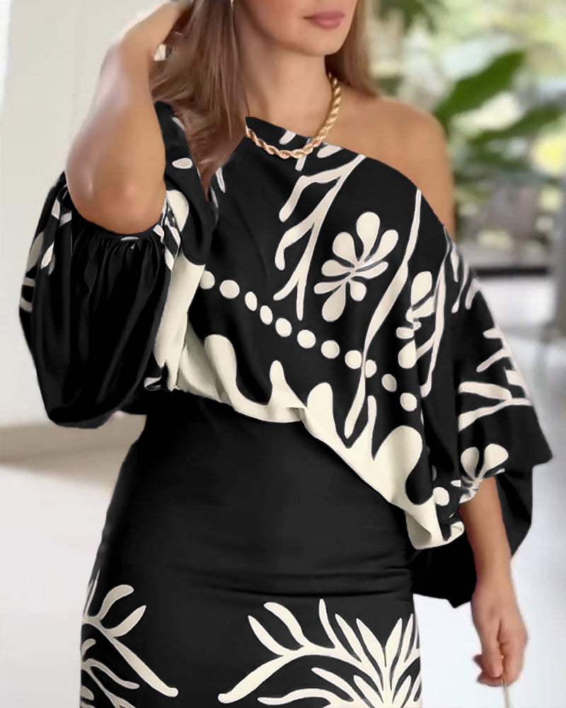 2 Pieces Outfit Tropical Print Lantern Sleeve Cold Shoulder Loose Top And Casual High Waist Fishtail Maxi Skirt Set