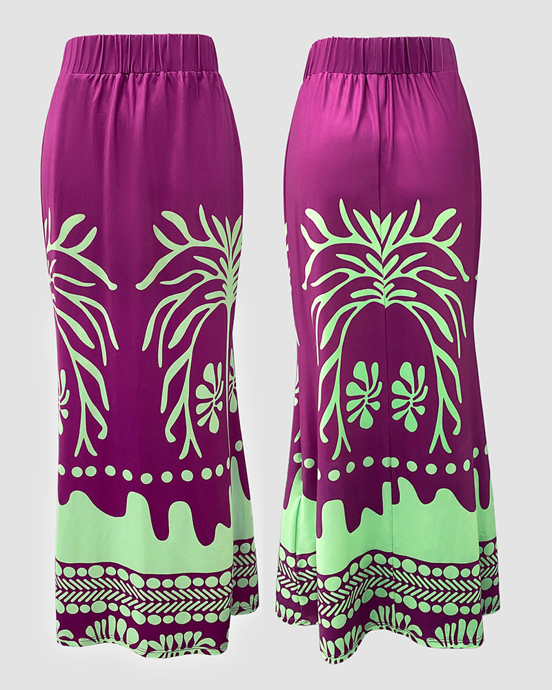 2 Pieces Outfit Tropical Print Lantern Sleeve Cold Shoulder Loose Top And Casual High Waist Fishtail Maxi Skirt Set