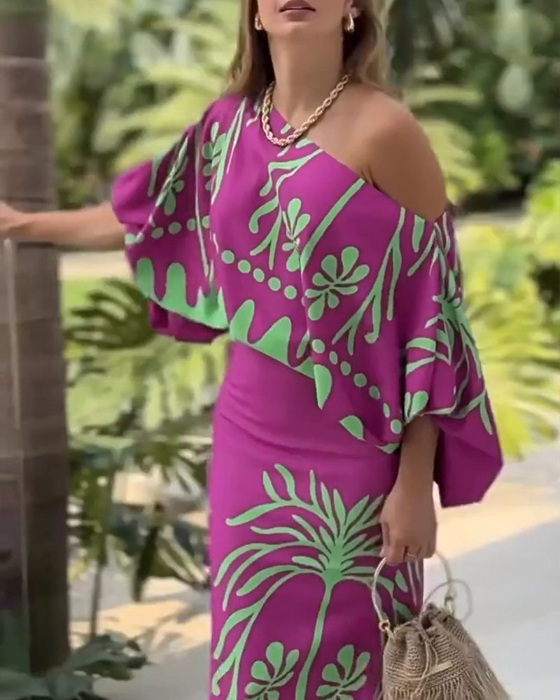 2 Pieces Outfit Tropical Print Lantern Sleeve Cold Shoulder Loose Top And Casual High Waist Fishtail Maxi Skirt Set