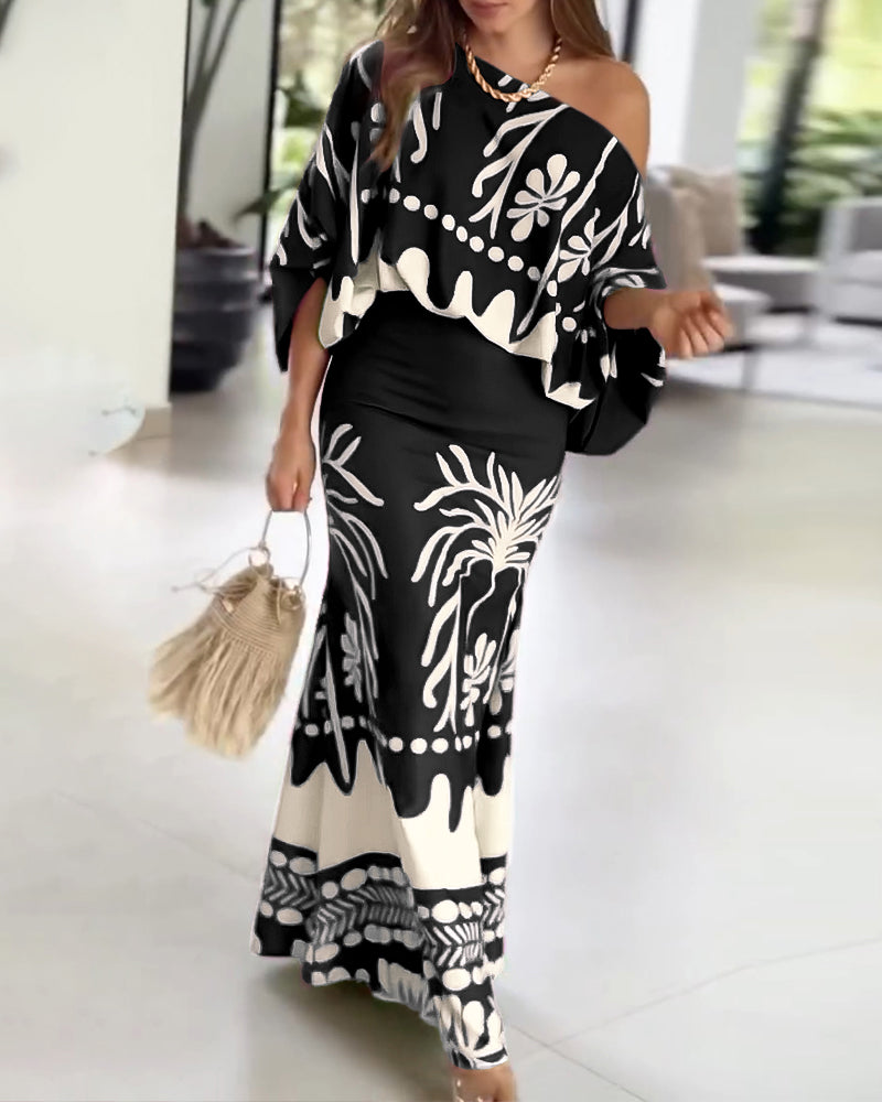 2 Pieces Outfit Tropical Print Lantern Sleeve Cold Shoulder Loose Top And Casual High Waist Fishtail Maxi Skirt Set