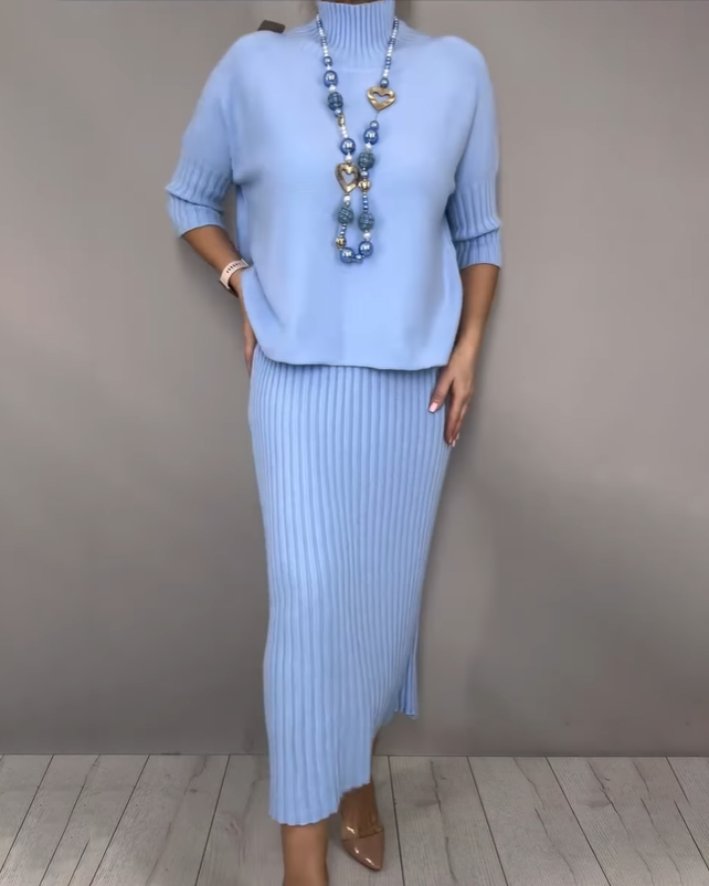 Elegant Knitted Turtleneck Sweater And Skirt Two-piece Set