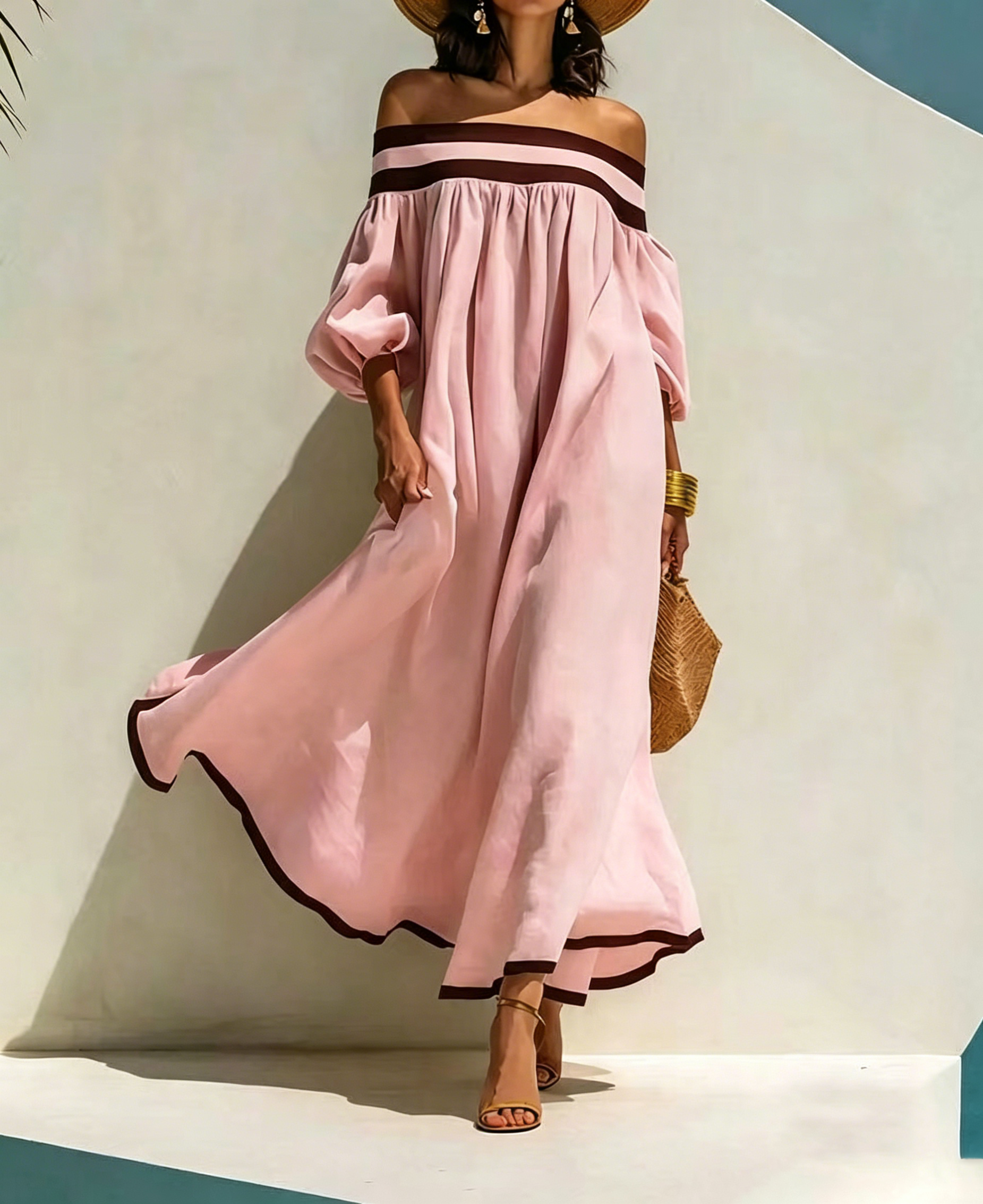 Loose-fitting Color-blocked Off-the-shoulder Beige Cotton-linen Maxi Dress