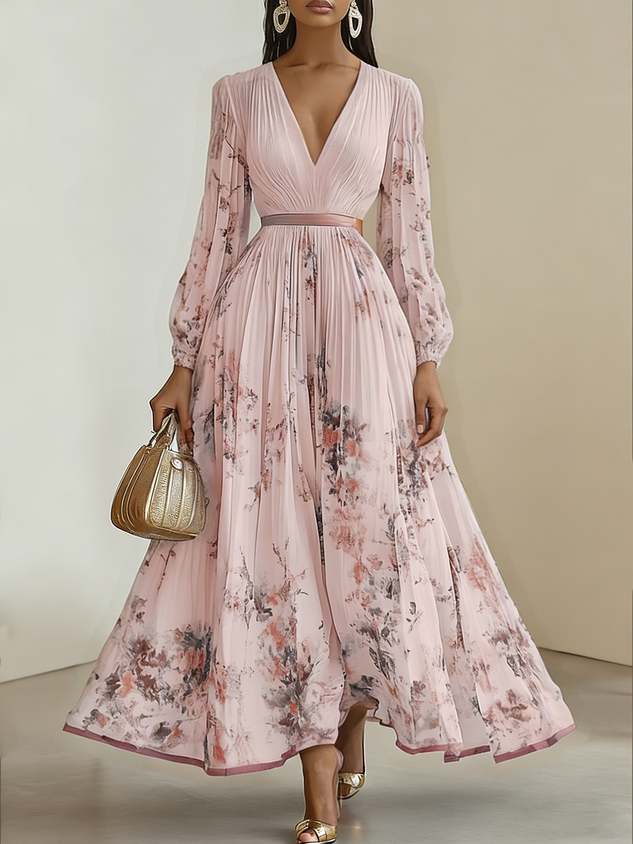 White Pleated Floral Chiffon V Neck Long Sleeve Balloon Sleeve A-Line Maxi Dress
