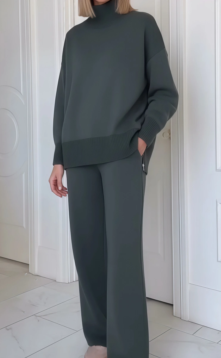 ??Casual Travel Stand Collar Side Zipper Top Straight Pants Two-Piece Set