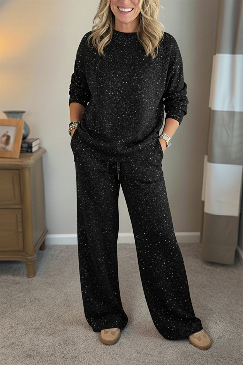 ?? New Arrivals?? Cozy Travel Crew Neck Shiny Sweatshirt and Pant 2 Piece Sets