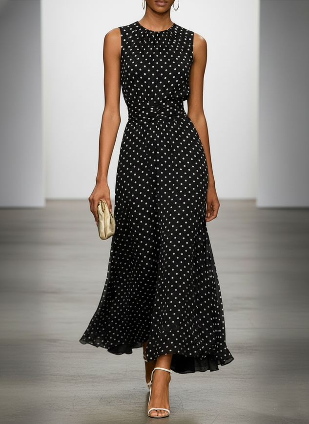 White Polka Dots Ruched Chiffon Crew Neck Sleeveless A-Line Maxi Dress