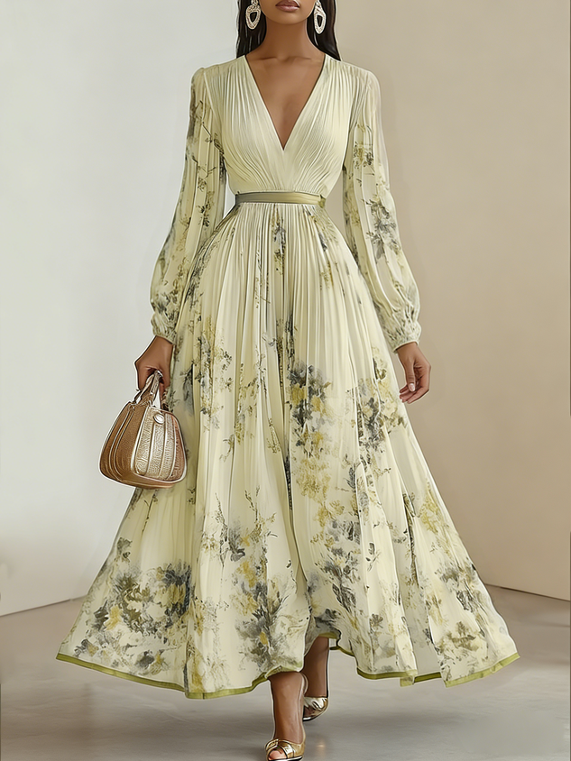 White Pleated Floral Chiffon V Neck Long Sleeve Balloon Sleeve A-Line Maxi Dress