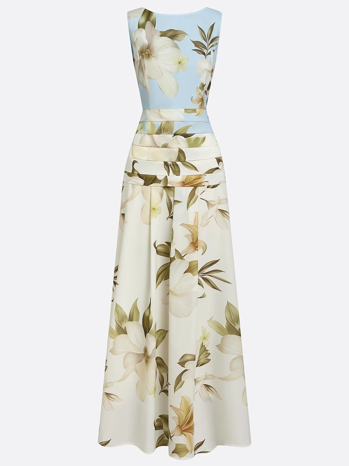 Light Blue Floral Ruched Classic Boat Neck Sleeveless A-Line Floor-length Gown Dress