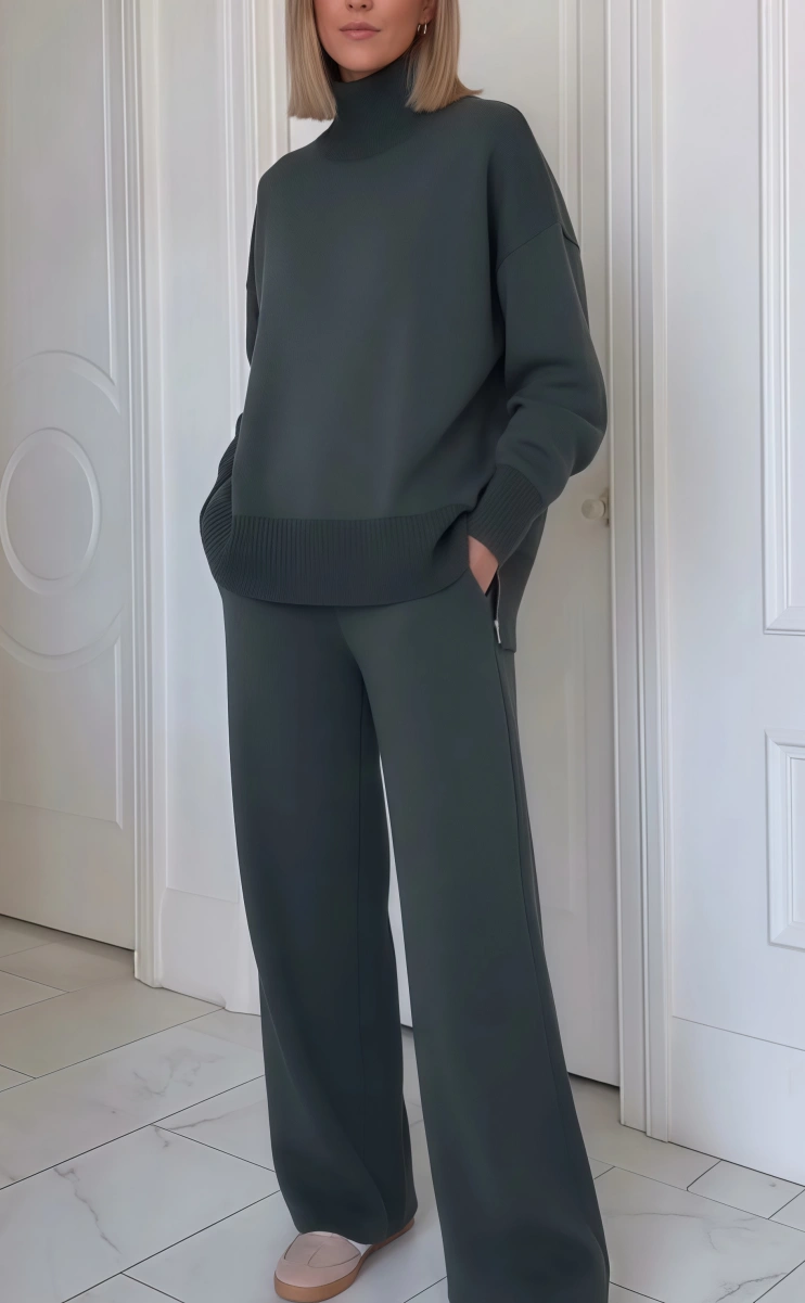 ??Casual Travel Stand Collar Side Zipper Top Straight Pants Two-Piece Set