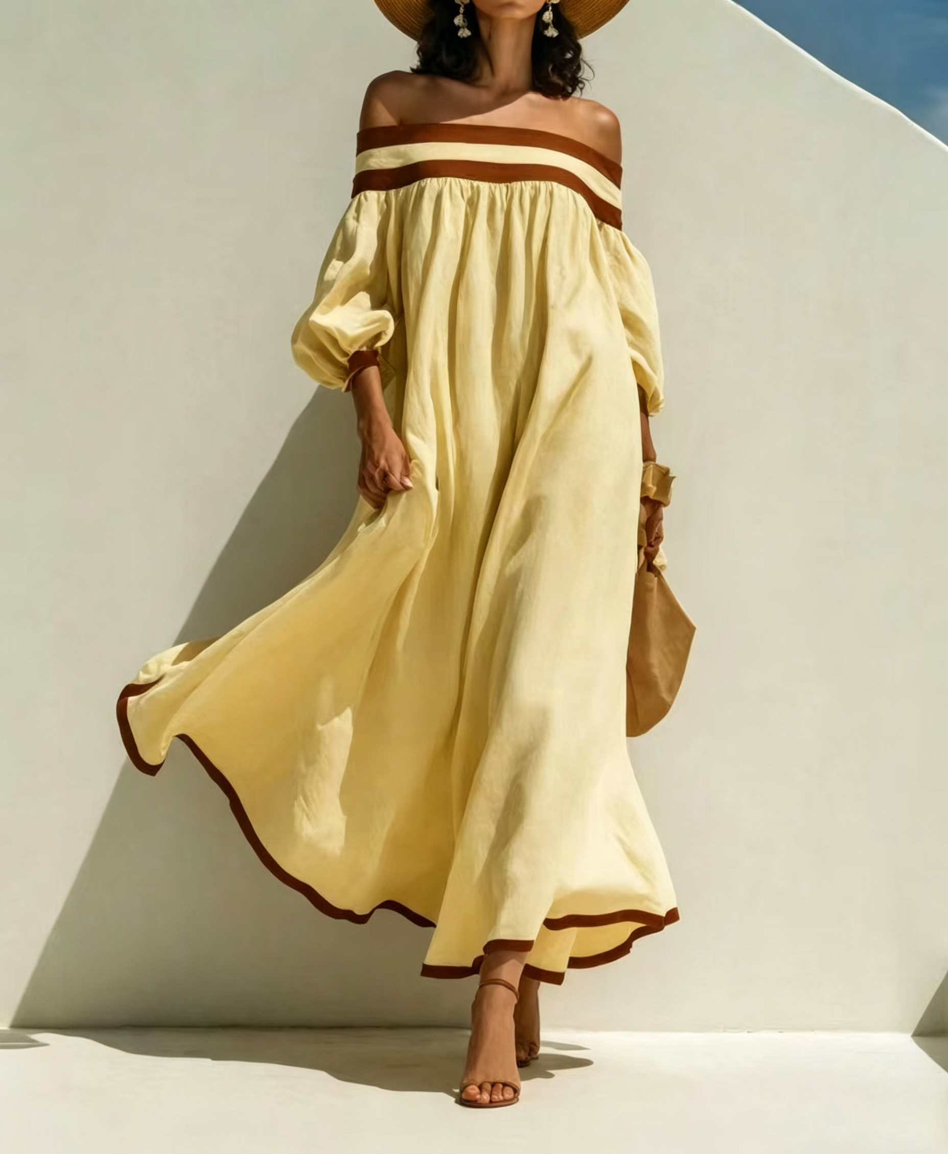 Loose-fitting Color-blocked Off-the-shoulder Beige Cotton-linen Maxi Dress