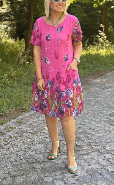 CLEARANCE??Women's Round Neck Pocket Tulip Pattern Cotton and Linen Dress