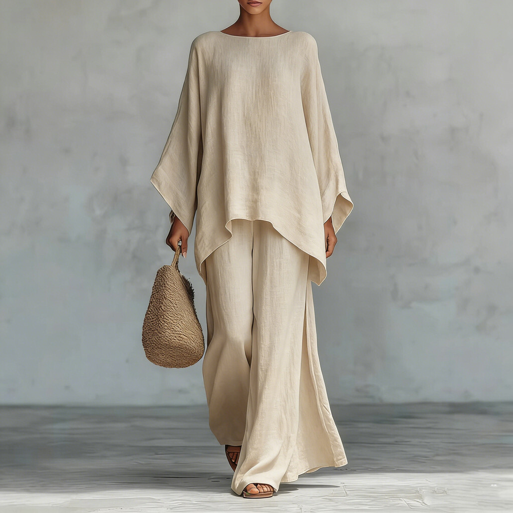 Women's Comfortable, Loose-fitting Linen And Cotton Top And Wide-leg Pants Two-piece Set.