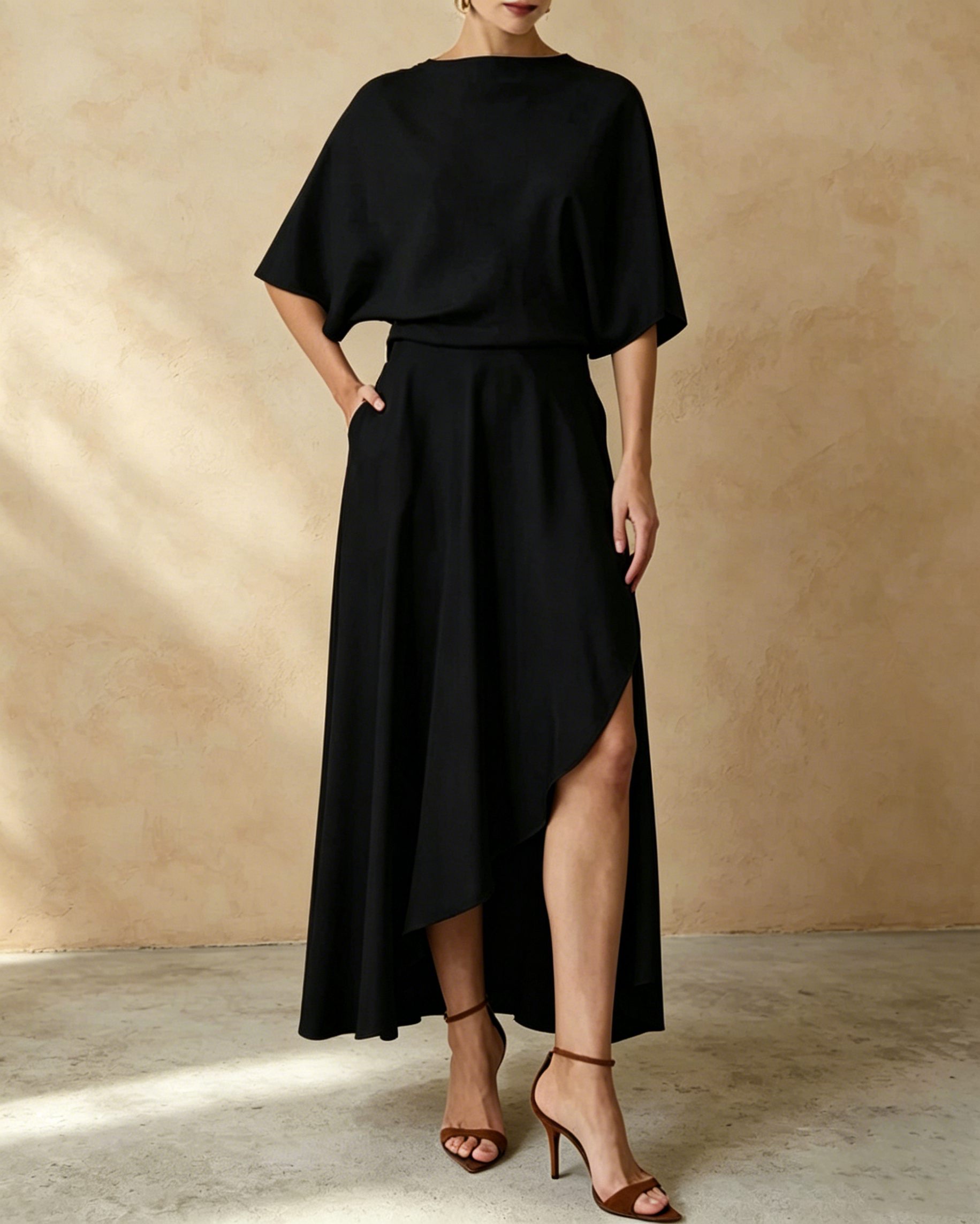 Modern and Elegant Satin Half Wide Sleeve Wrap Style Pocket Slit Loose Maxi Dress