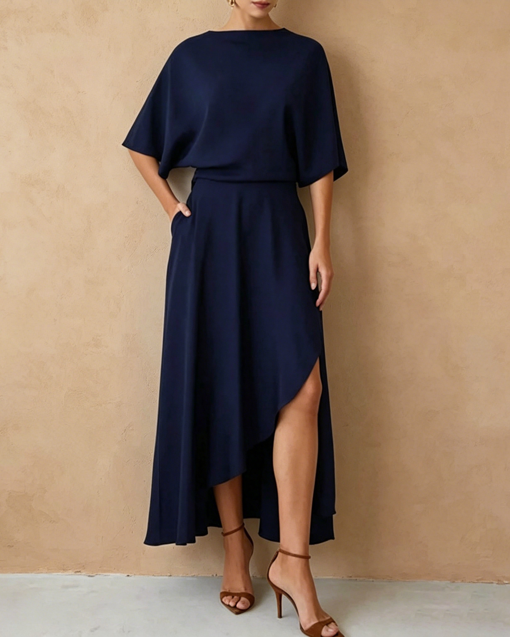 Modern and Elegant Satin Half Wide Sleeve Wrap Style Pocket Slit Loose Maxi Dress