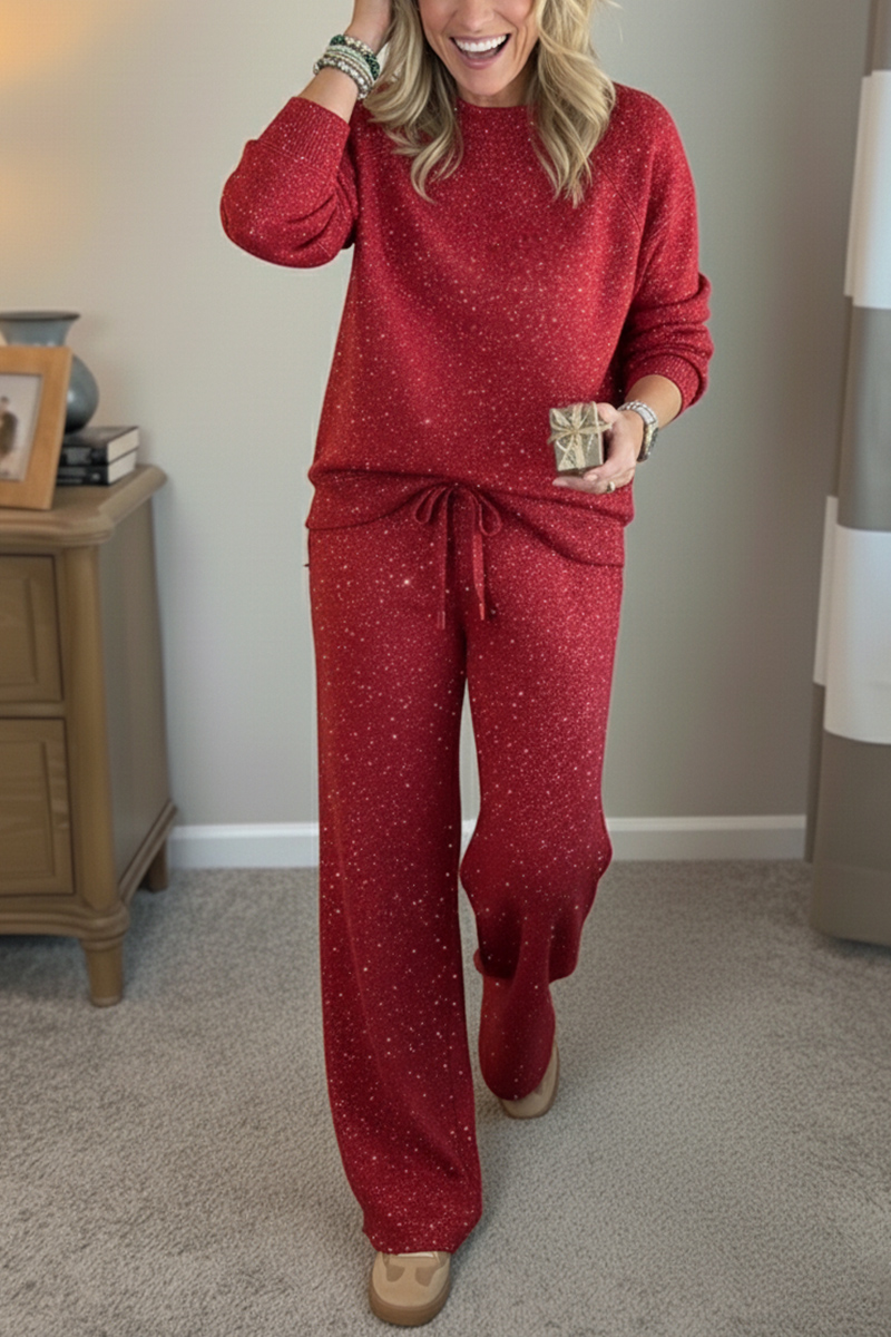 ?? New Arrivals?? Cozy Travel Crew Neck Shiny Sweatshirt and Pant 2 Piece Sets