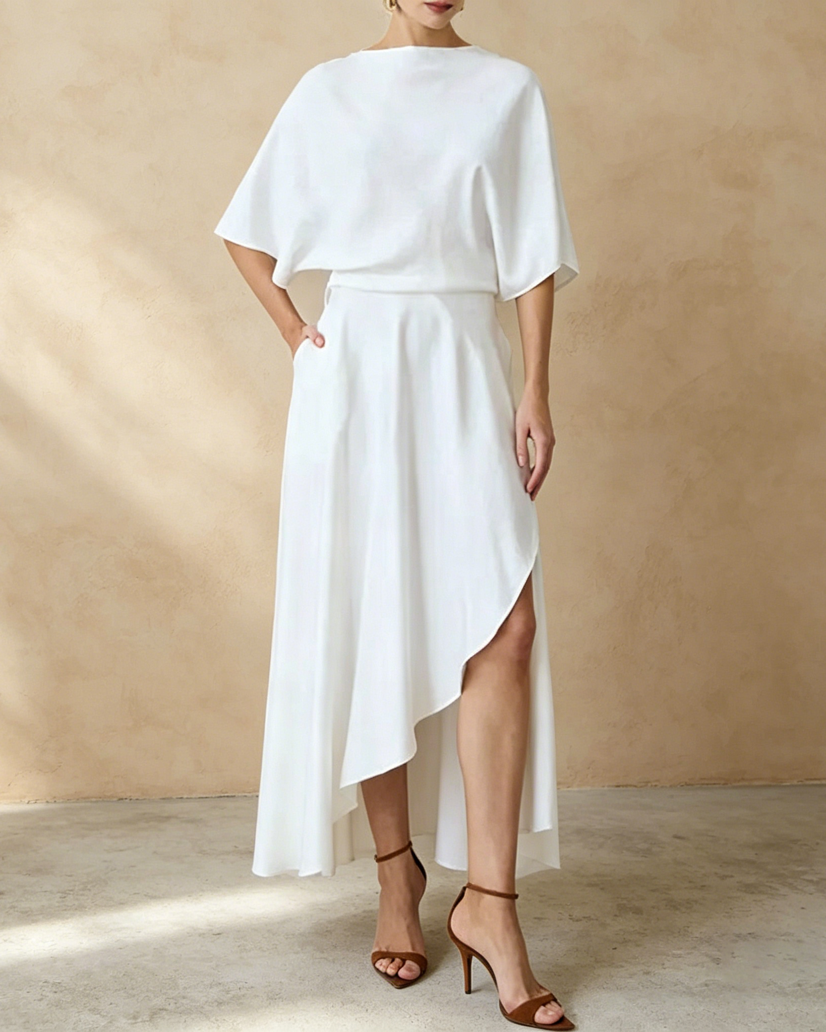 Modern and Elegant Satin Half Wide Sleeve Wrap Style Pocket Slit Loose Maxi Dress
