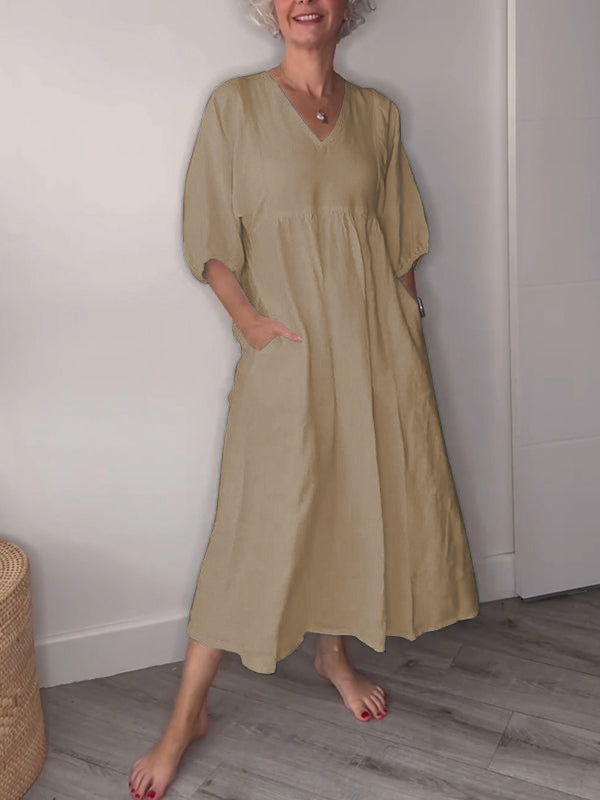 ??Clearance Sale?? Women's Casual Fashion V-Neck Solid Color Mid-Length Sleeve Dress