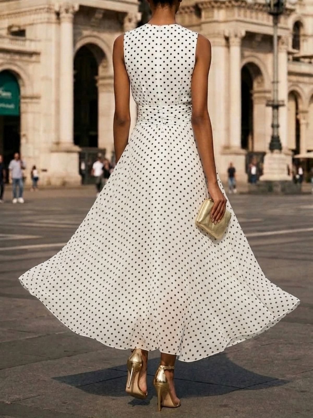 White Polka Dots Ruched Chiffon Crew Neck Sleeveless A-Line Maxi Dress
