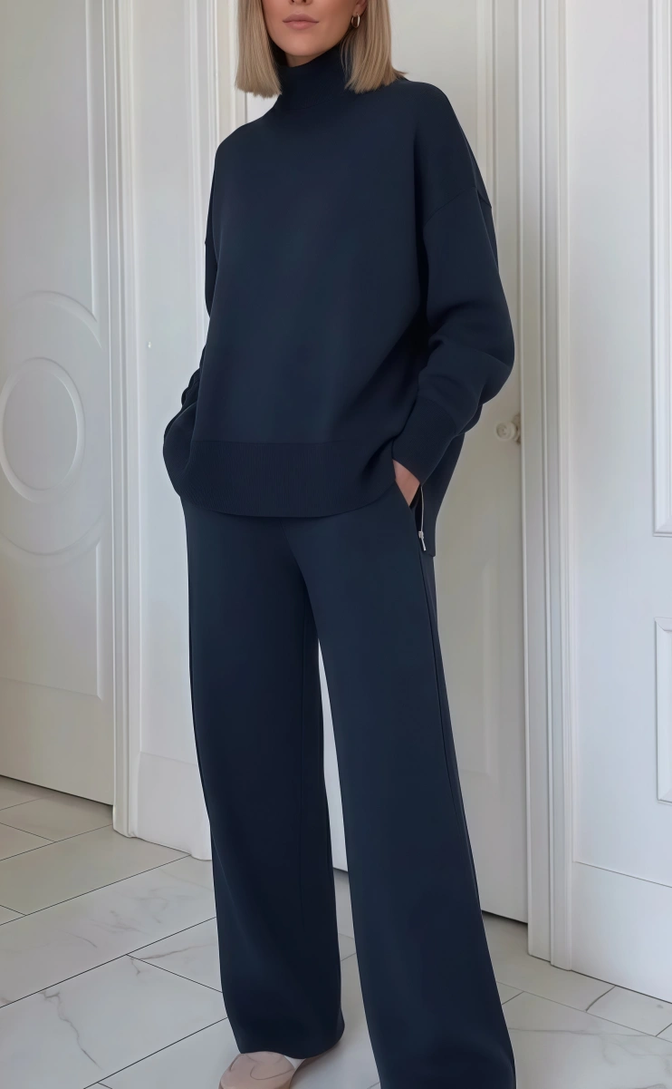 ??Casual Travel Stand Collar Side Zipper Top Straight Pants Two-Piece Set