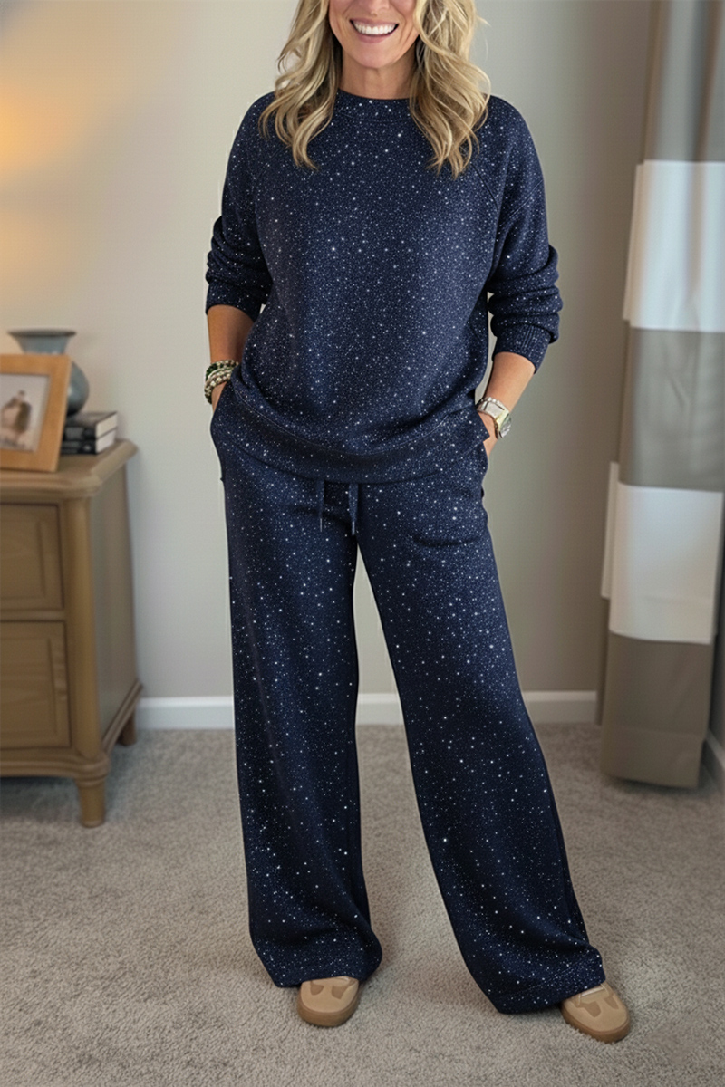 ?? New Arrivals?? Cozy Travel Crew Neck Shiny Sweatshirt and Pant 2 Piece Sets