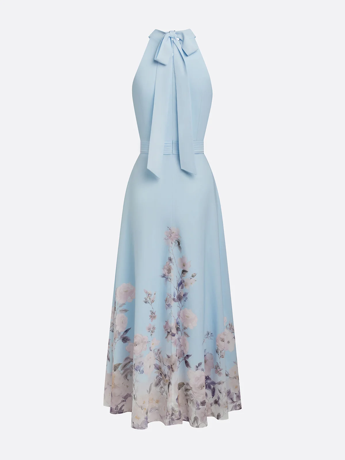 Light Blue Floral Chiffon Halter Sleeveless A-Line Maxi Dress