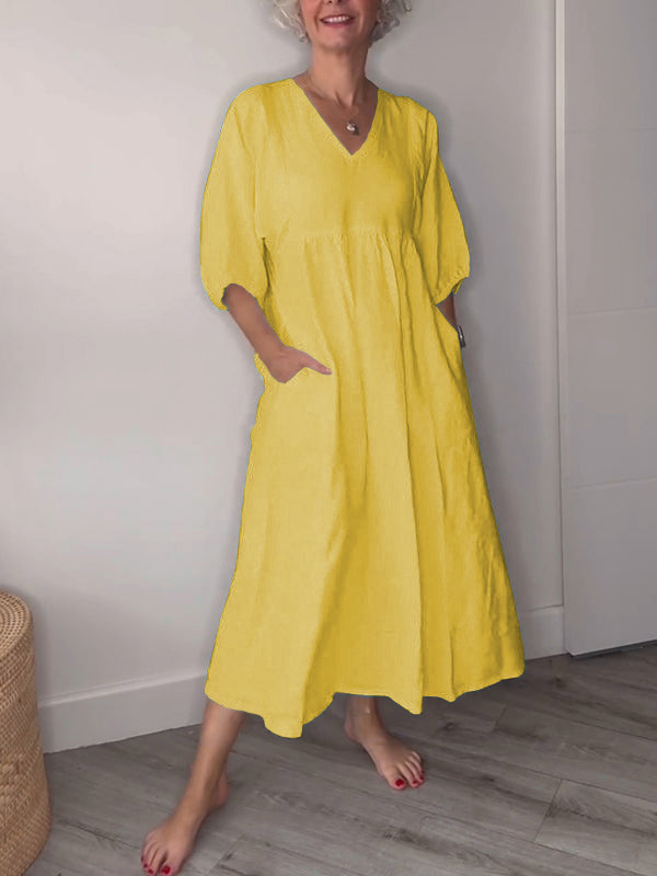 ??Clearance Sale?? Women's Casual Fashion V-Neck Solid Color Mid-Length Sleeve Dress