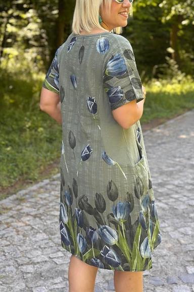 CLEARANCE??Women's Round Neck Pocket Tulip Pattern Cotton and Linen Dress