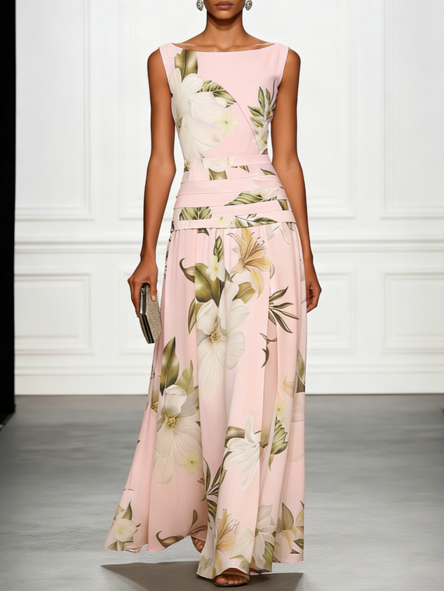 Light Blue Floral Ruched Classic Boat Neck Sleeveless A-Line Floor-length Gown Dress