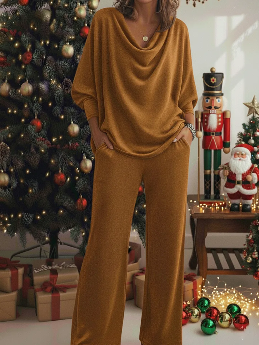 Christmas Cozy Velvet Cowl Collar Top And Pants Two-piece Set