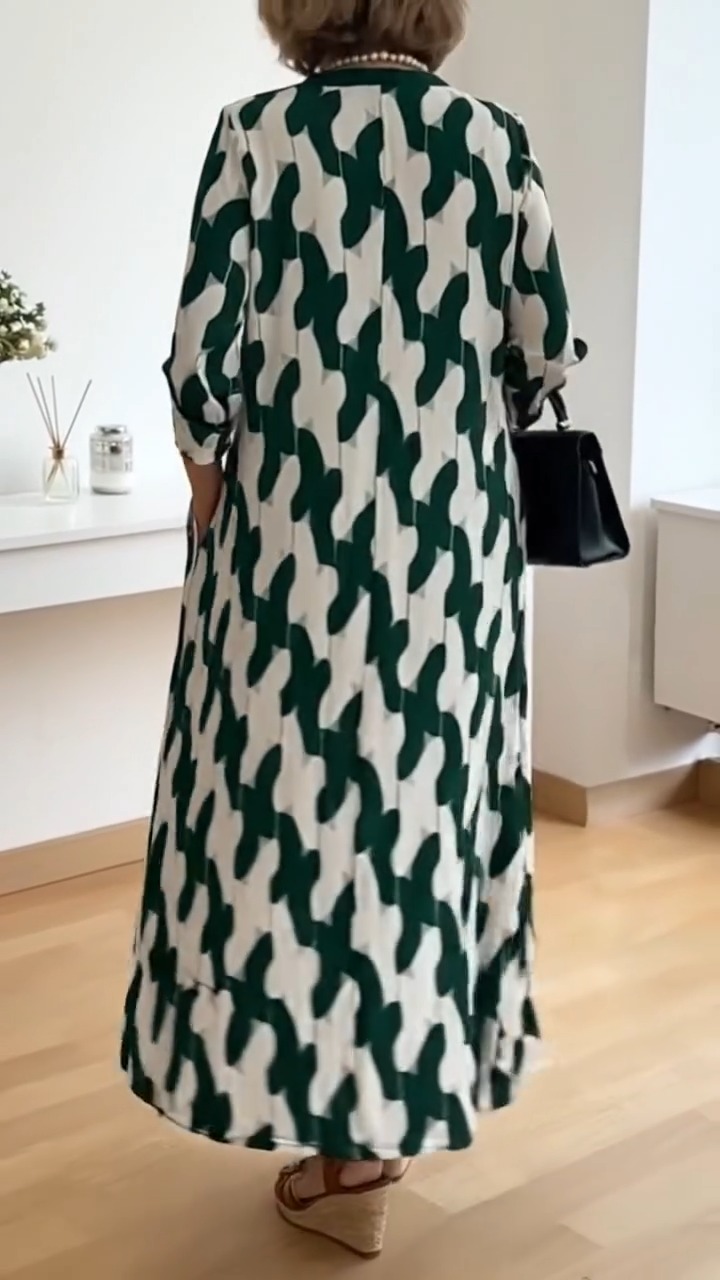 Elegant Art Print Color Block Trim V-neck Midi Dress