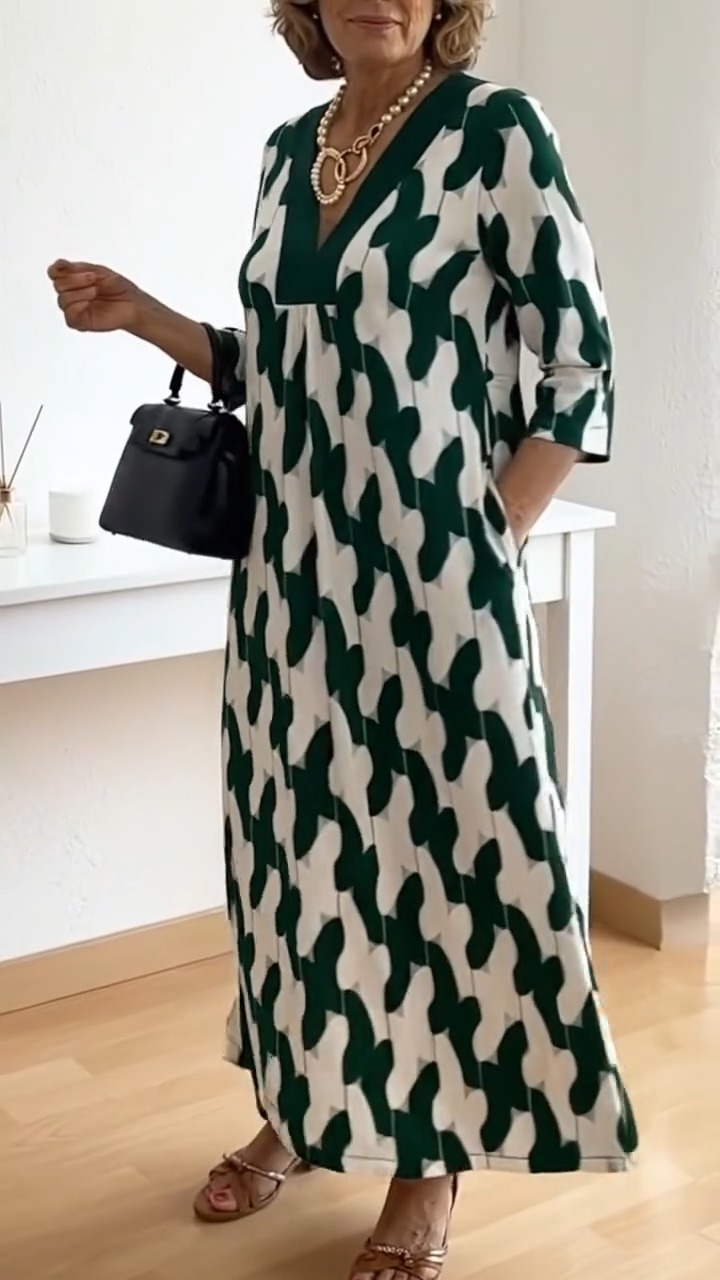 Elegant Art Print Color Block Trim V-neck Midi Dress