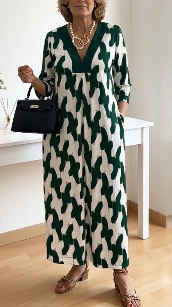 Elegant Art Print Color Block Trim V-neck Midi Dress