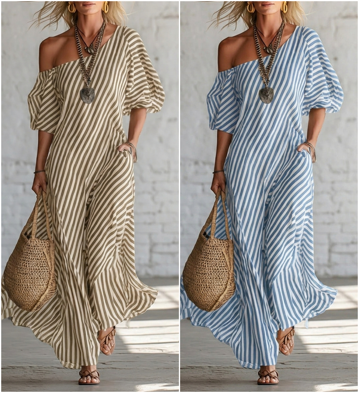 Elegant And Classic Striped Off-shoulder Maxi Dress