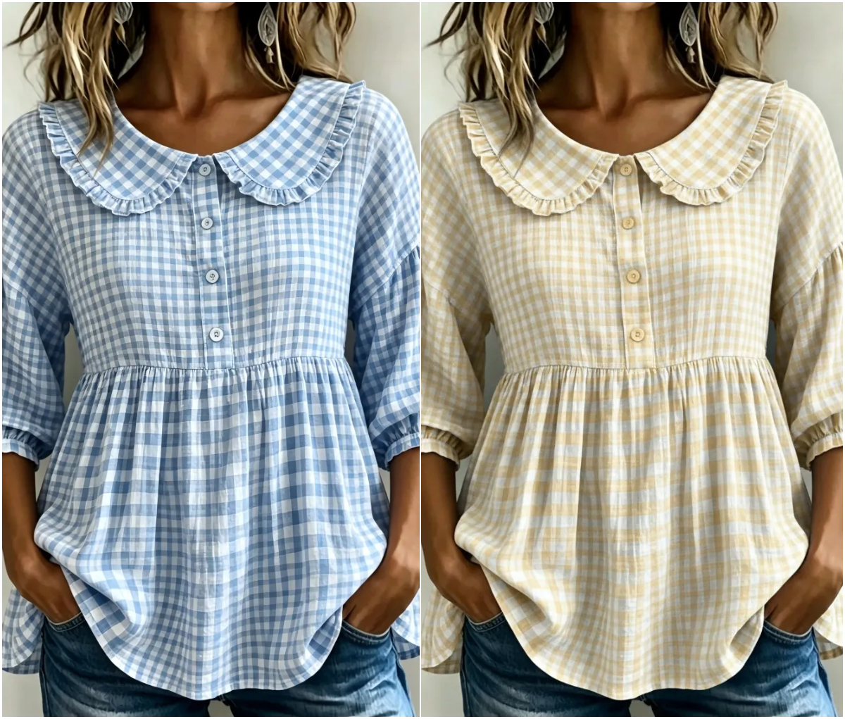 New Arrivals🔥Women's Gingham Puff Sleeve Peplum Blouse